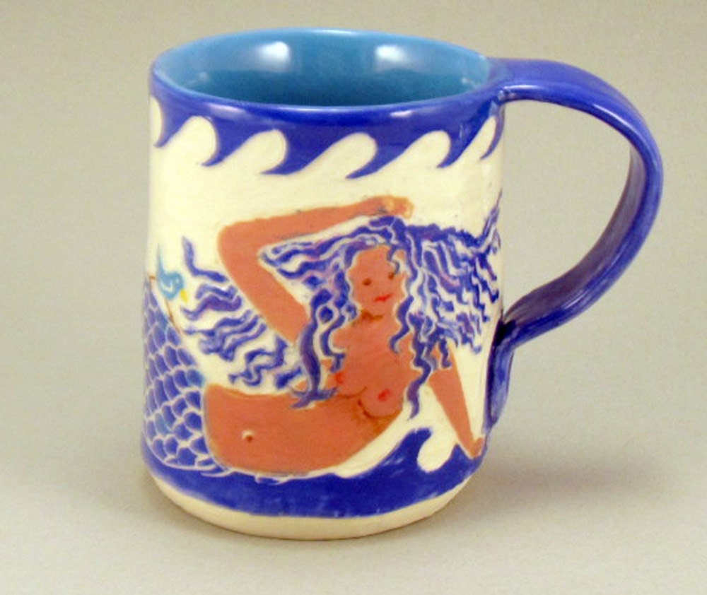 MERMAID on the Beach MUG Sgraffito Carved Design on Stoneware Pottery