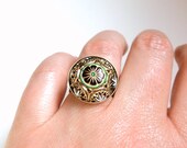 Black gold green white flower round glass vintage-inspired ring with adjustable band.  Statement ring.  Cocktail ring.