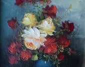 Vintage ROMANTIC OIL PAINTING, Still Life of Red and Yellow Roses in blue vase signed by The Artist Robert Cox