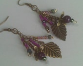 Grape Leaves in Brass and Magenta Spring Drop Earrings, Nature Inspired Jewelry, Spring Brass Drop, Dangle Earrings, Spring Jewelry Sale