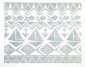 SALE Abstract Geometric Nautical Boats, Anchors, Fish Block Print 8 x 10 Home Decor / Silver, Subdued Blue / Hand Pulled Linocut / Kids