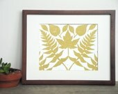 Mirrored Leaves Botanical Floral Illustration Linocut Art Print / 8 x 10 Home Decor / Gold / Nature