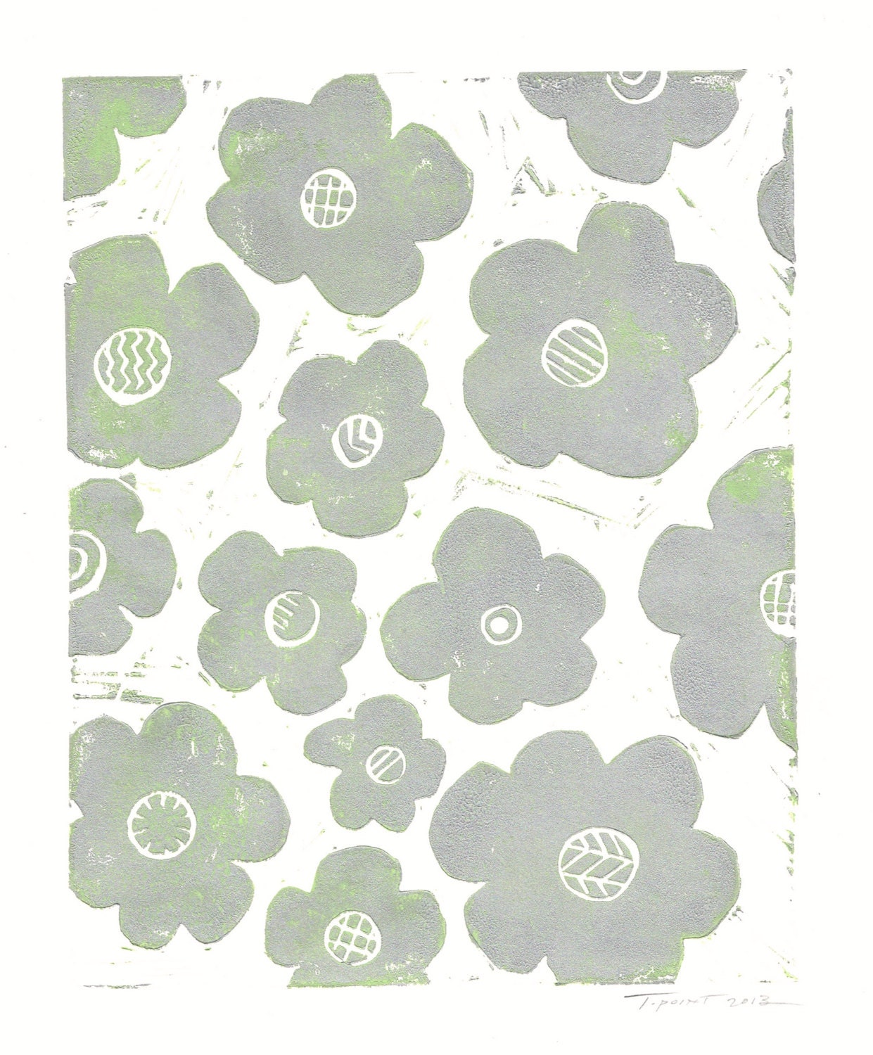 NEW Abstract Floral Linocut Art Print / 8 x 10 Home Decor / Silver, Light Bright Green Accents / Nature