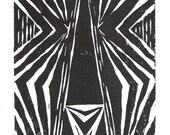 SALE REDUCED Symmetrical Abstract Tribal Art Block Print 5 x 7 Home Decor / Black, Lavender Purple Specs / Hand Pulled Linocut