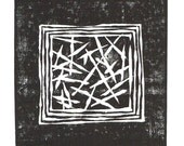 SALE Abstract Modern Intersecting Lines Art Block Print 5 x 5 Square Home Decor / Black, Navy / Hand Pulled Linocut