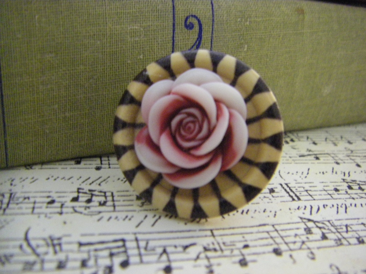 Button and Pink Ombre Rose Ring wooden stripe button ring rose adjustable one size