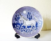 Purple & Blue Vintage Collectible Unicorn Plate with Stand