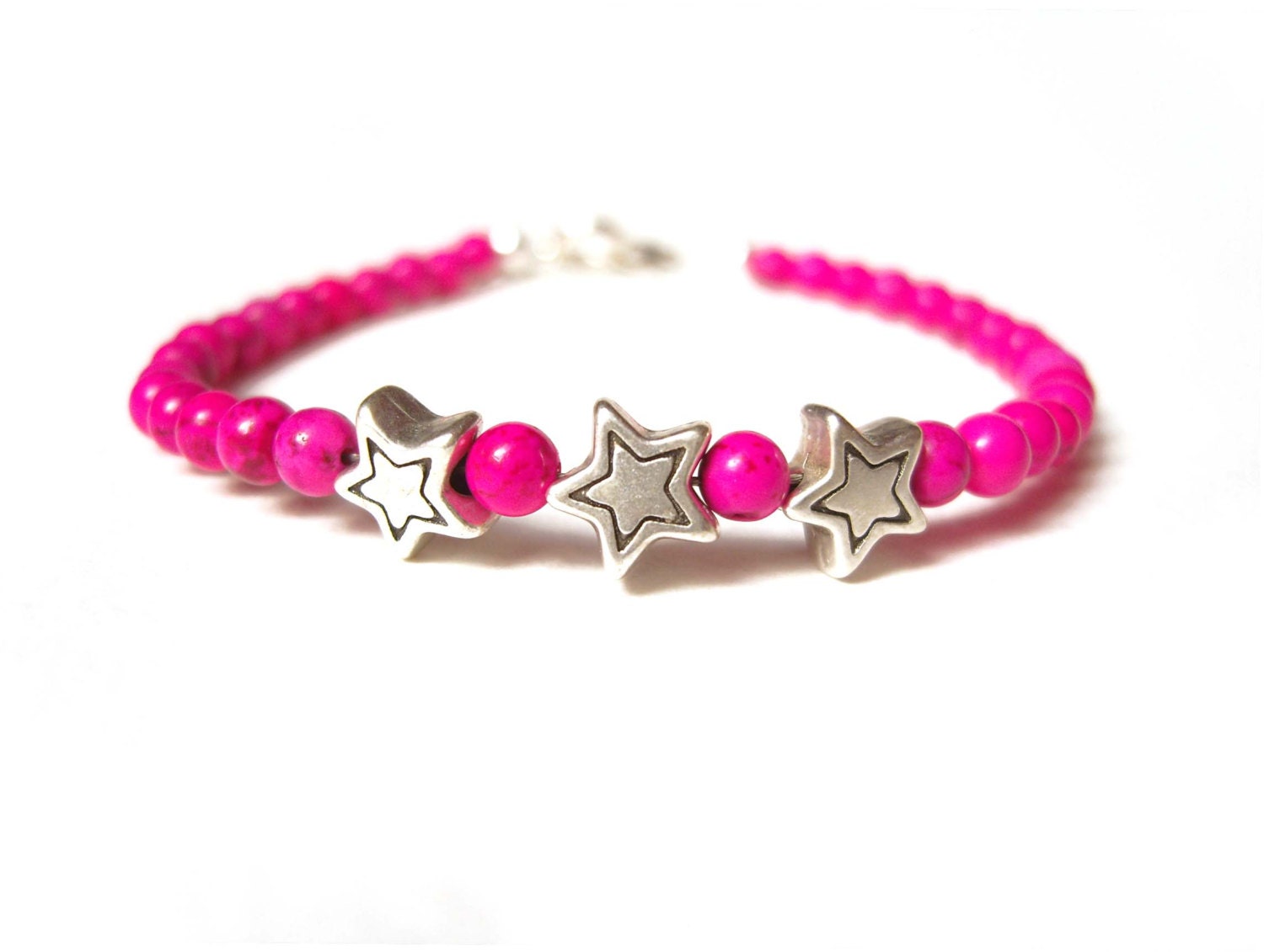 Neon Pink Bracelet, Three Star Bracelet, Howlite Bracelet, Hot Pink Jewelry UK
