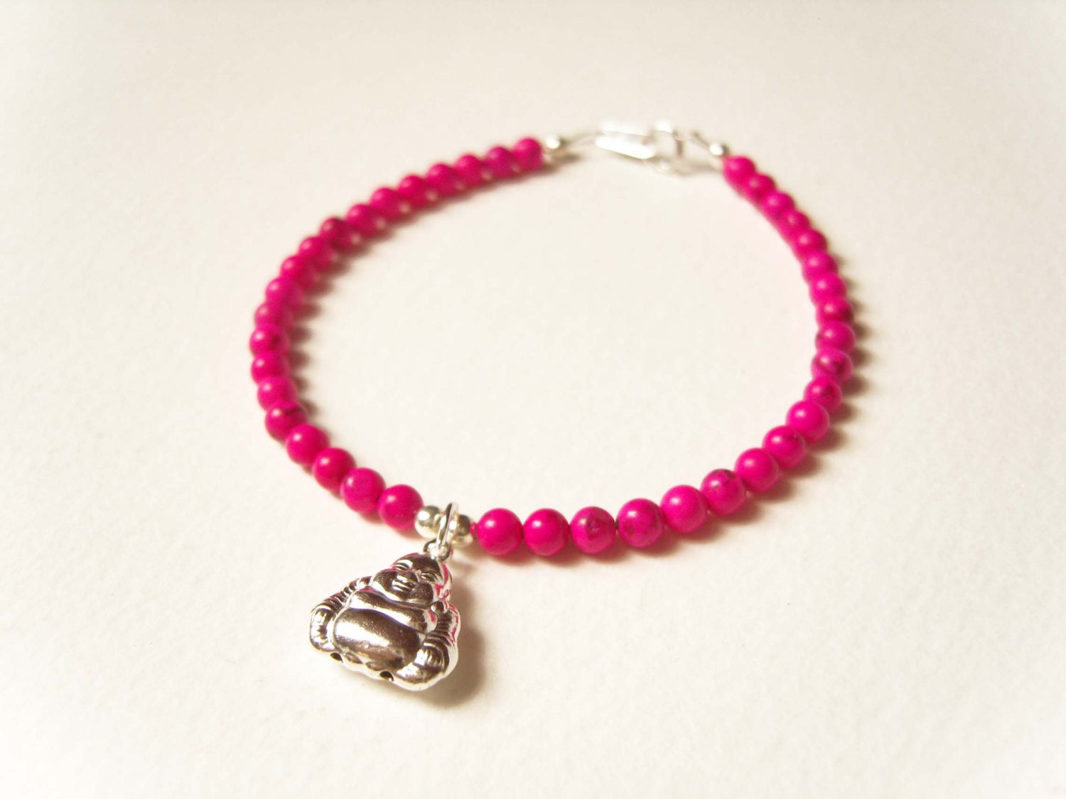 Neon Pink Bracelet, Beaded Buddha Bracelet, Hot Pink Howlite, Happy Buddha Jewelry UK