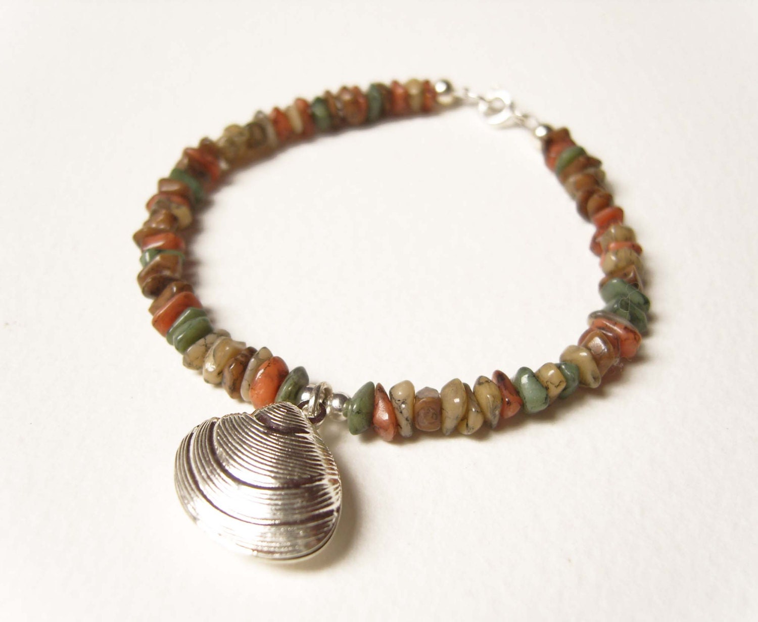Earth Tone Bracelet, Silver Shell Charm Bracelet, Earthy Bracelet, OOAK Gemstone Jewelry UK
