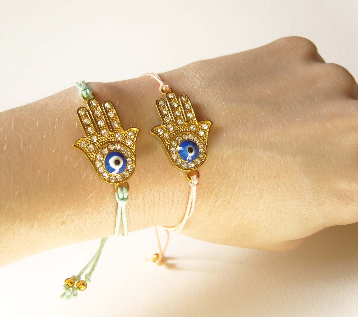 Hand Of Hamsa Charm Bracelet, Mint Bracelet, Mint Cord Friendship Bracelet, Mint Jewelry UK