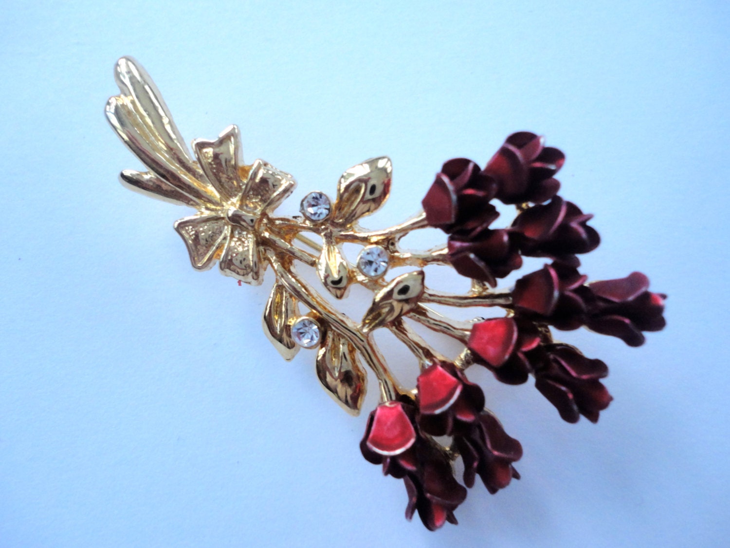 Red Roses and Rhinestones Vintage Brooch