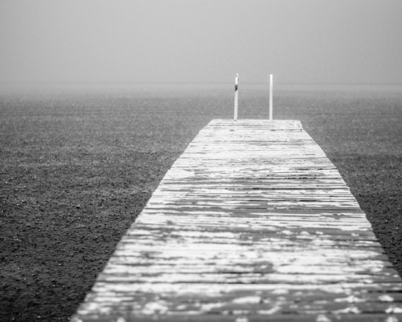 8x10 Black and White Nature Photograph, Modern Lake House Decor, Rain Photography, Ocean Print, Rustic Dock Photo
