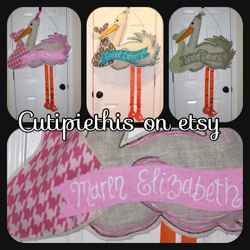 baby door hanger - burlap- stork- hospital door sign- boy or girl