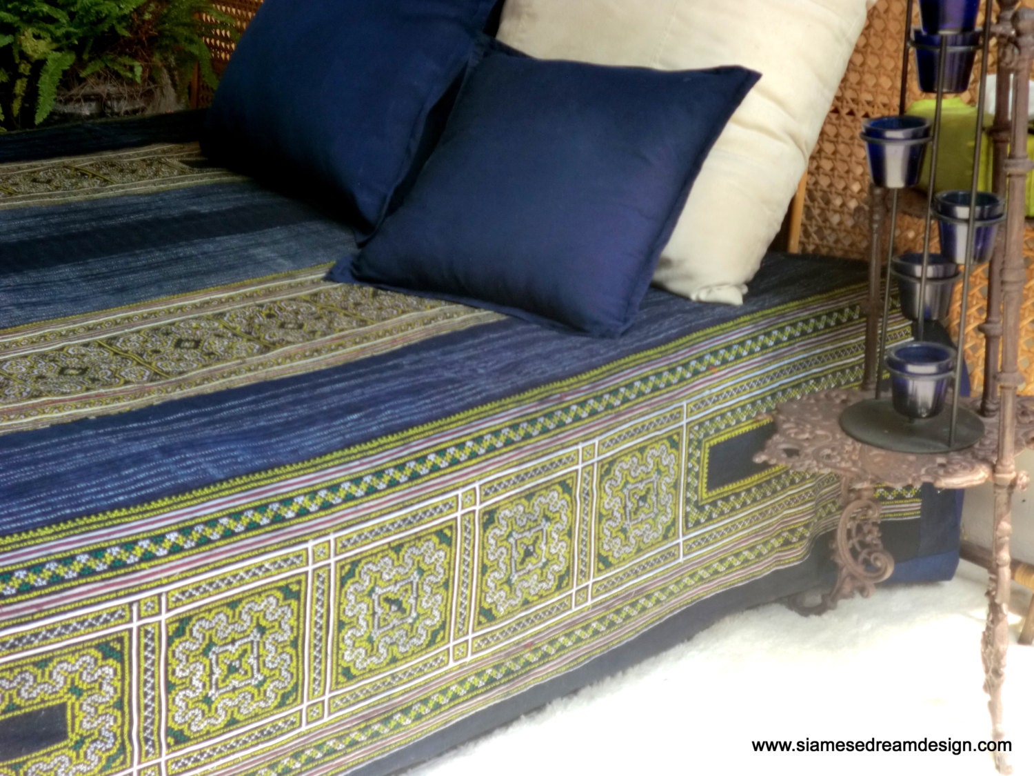Vintage Hmong Indigo Batik and Embroidery Cotton and Hemp Quilt Duvet Cover Blanket