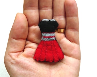 Women's BROOCH Hand Embroidered Miniature Dress Felt Brooch Red - DORA