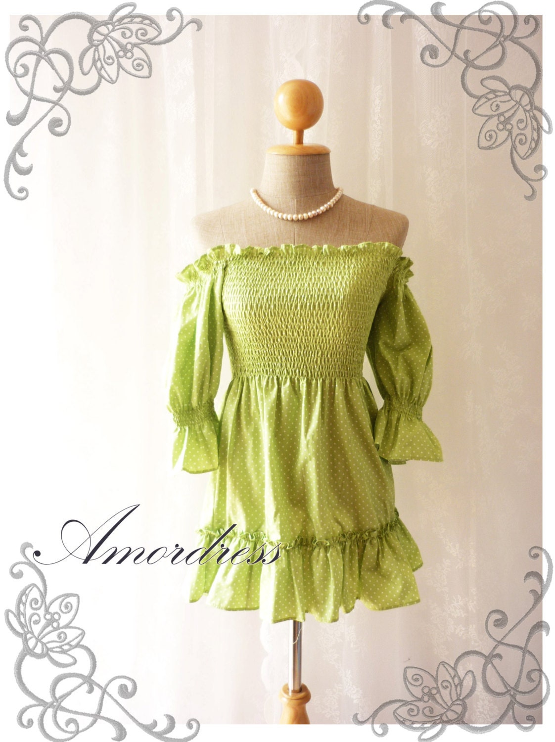 Vintage Summer Girl - Hot Spring Summer Green Tunic or Mini Dress Party Holiday Chilling Date Beach Garden Sweet and Sexy Tunic Dress -XS-S-