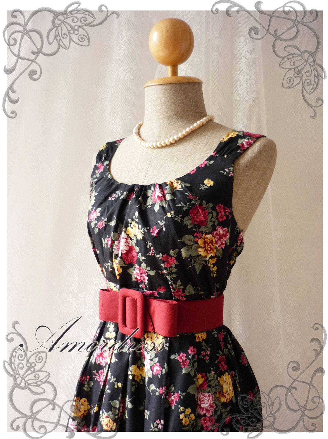 Blooming - Exotic Floral Dress Black Dress with Red Yellow Floral Summer Perfection Tea Dress Party Garden Wedding Cocktail Dress -S-M-
