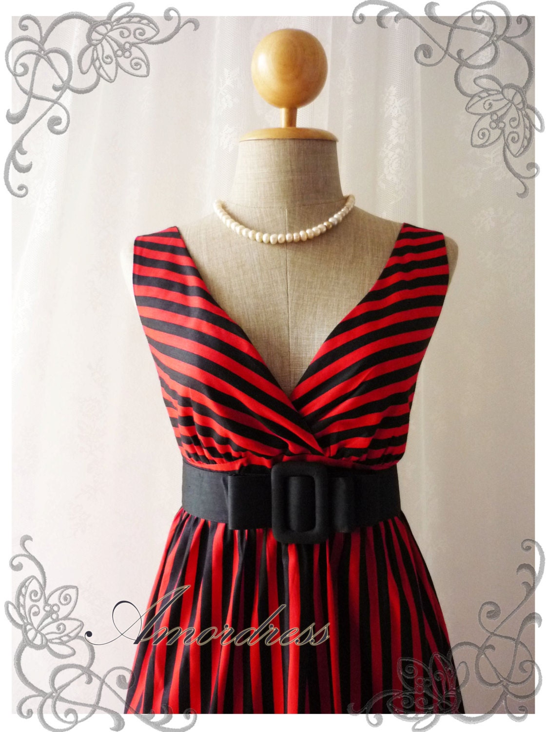 Summer Dress Tea Dress Red Black Stripe Dress High Waisted Vintage Inspired Dress Party Cocktail Garden Dress Nautical Navy Dresses -S-M-