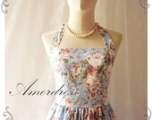Floral Dress Blue with Romantic Rose Heaven Vintage Inspired Dress Party Tea Dress Once Upon a Time -XS,S,M,L,CUSTOM