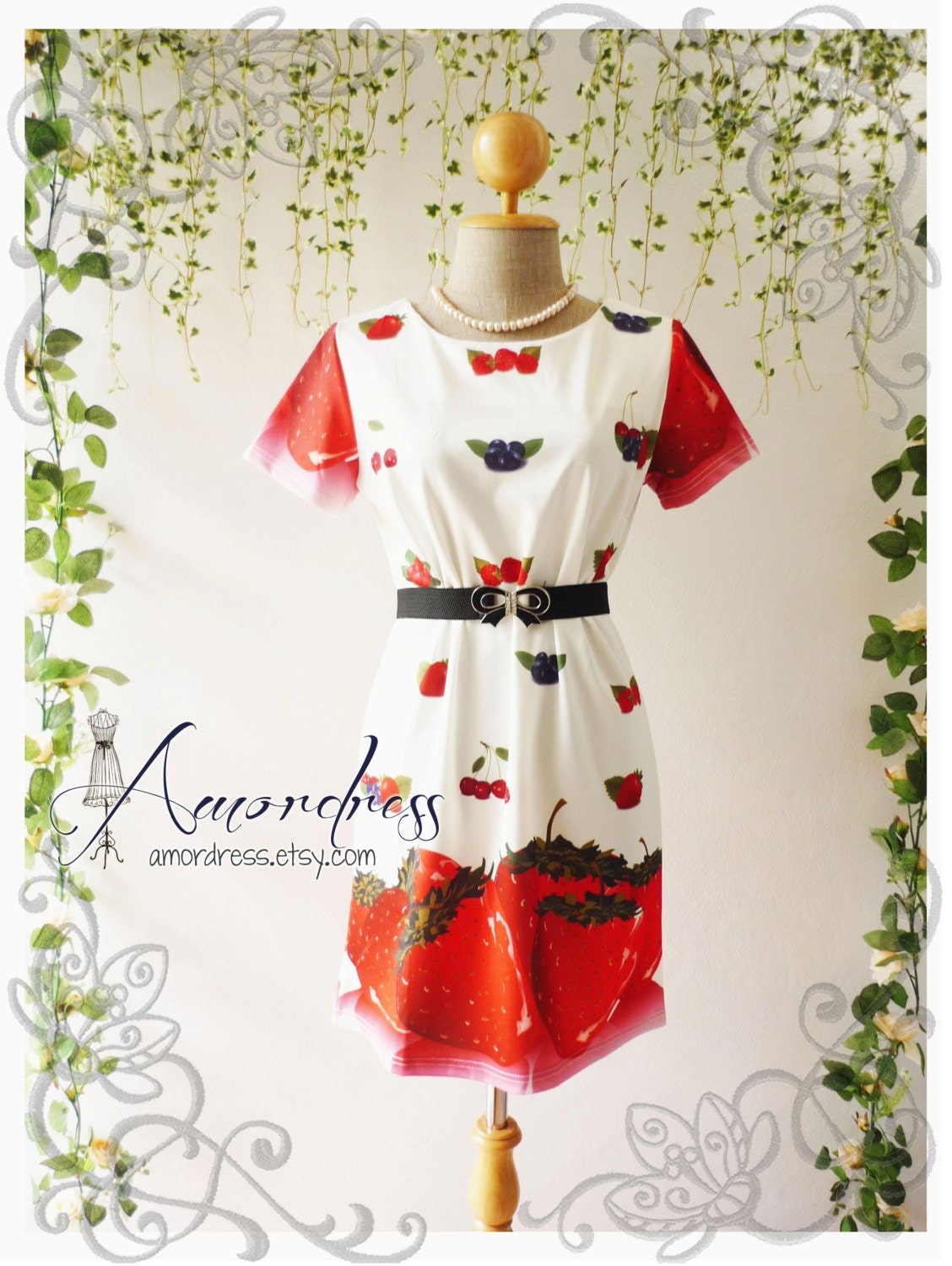 MIDYEAR SALE White with Strawberry Mix Berry Cherry Sleeve Dress Wedding Party Working Every Day Dress -Size M-