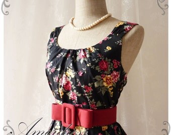 Blooming - Exotic Floral Dress Black Dress with Red Yellow Floral Summer Perfection Tea Dress Party Garden Wedding Cocktail Dress -S-M-