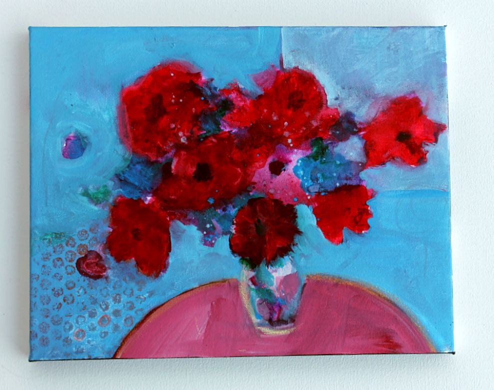 Abstract Floral Still Life Acrylic Painting Canvas Original "Red Poppies in a Blue Room"