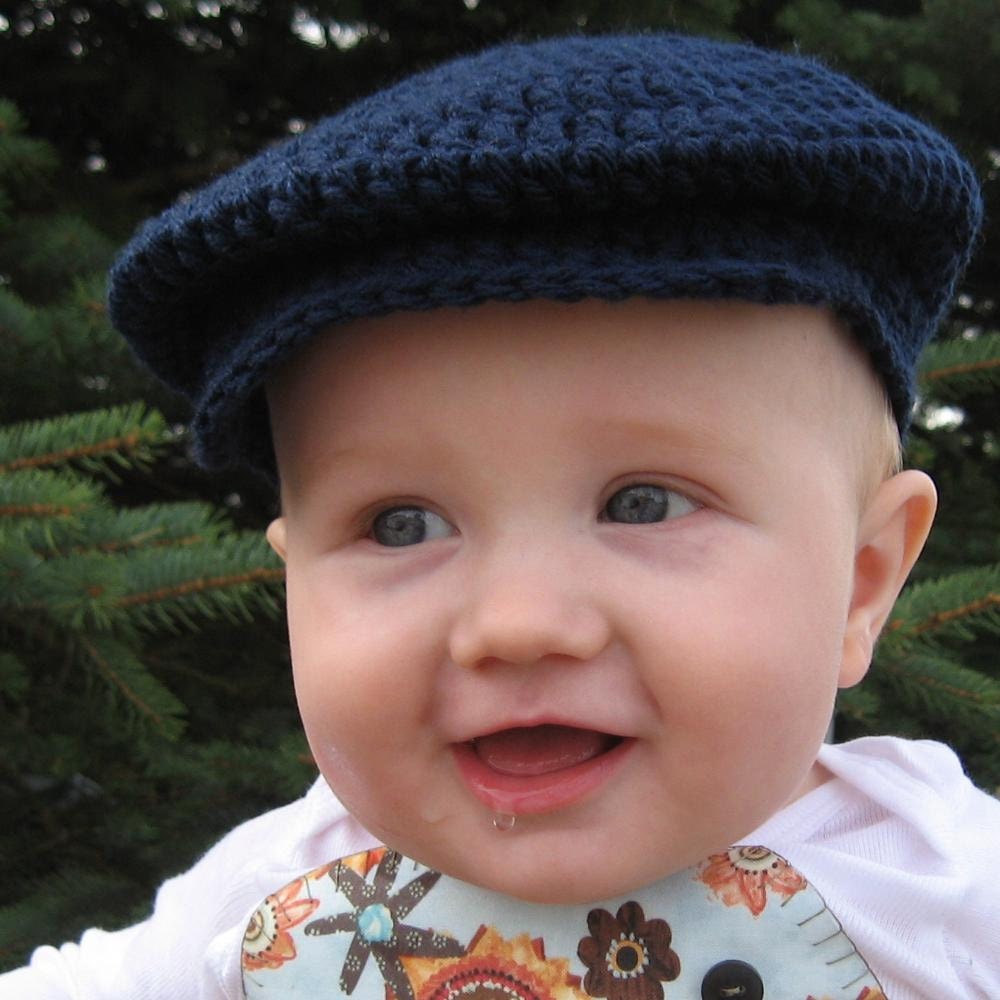 Navy blue crochet driver's hat.  Ready to ship.  Size 6 to 12 months.  Cabbie hat, driver hat, newsboy hat, golfers hat, scally hat.