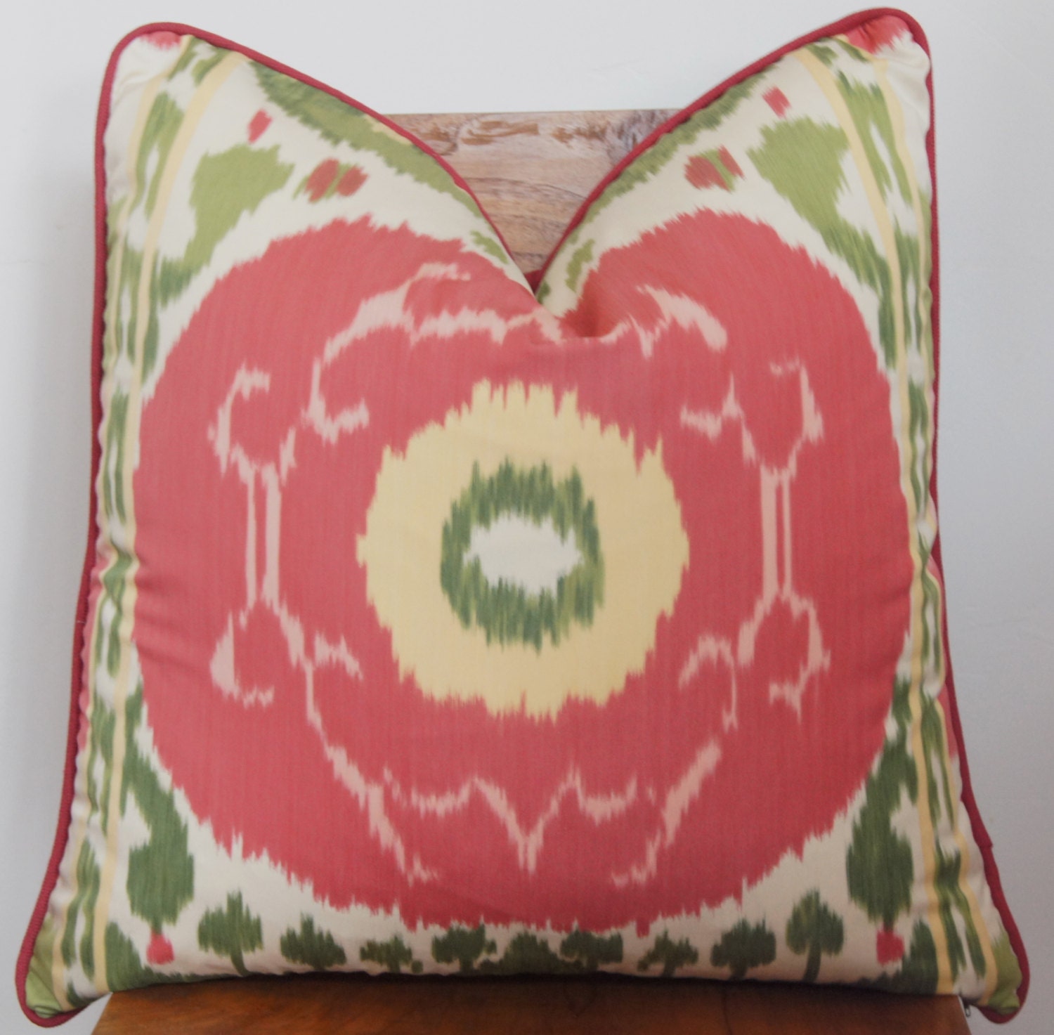 F. Schumacher Custom Samarkand Ikat Pillow Cover in Watermelon with solid Raspberry Linen Size 24x24