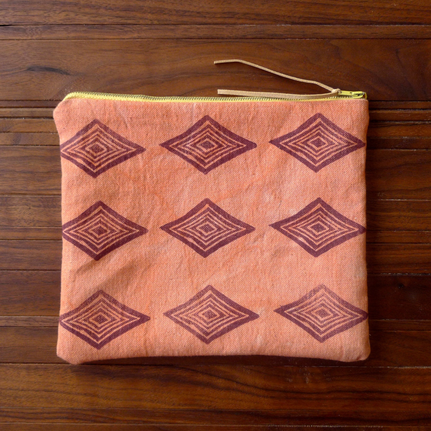 Orange Diamond Hand Printed and Hand Dyed Zip Pouch Bag