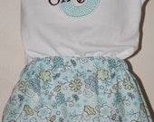 Custom Personalized Applique Inital and Embroidery Name Shirt and matching Skirt set - in pretty blues and brown