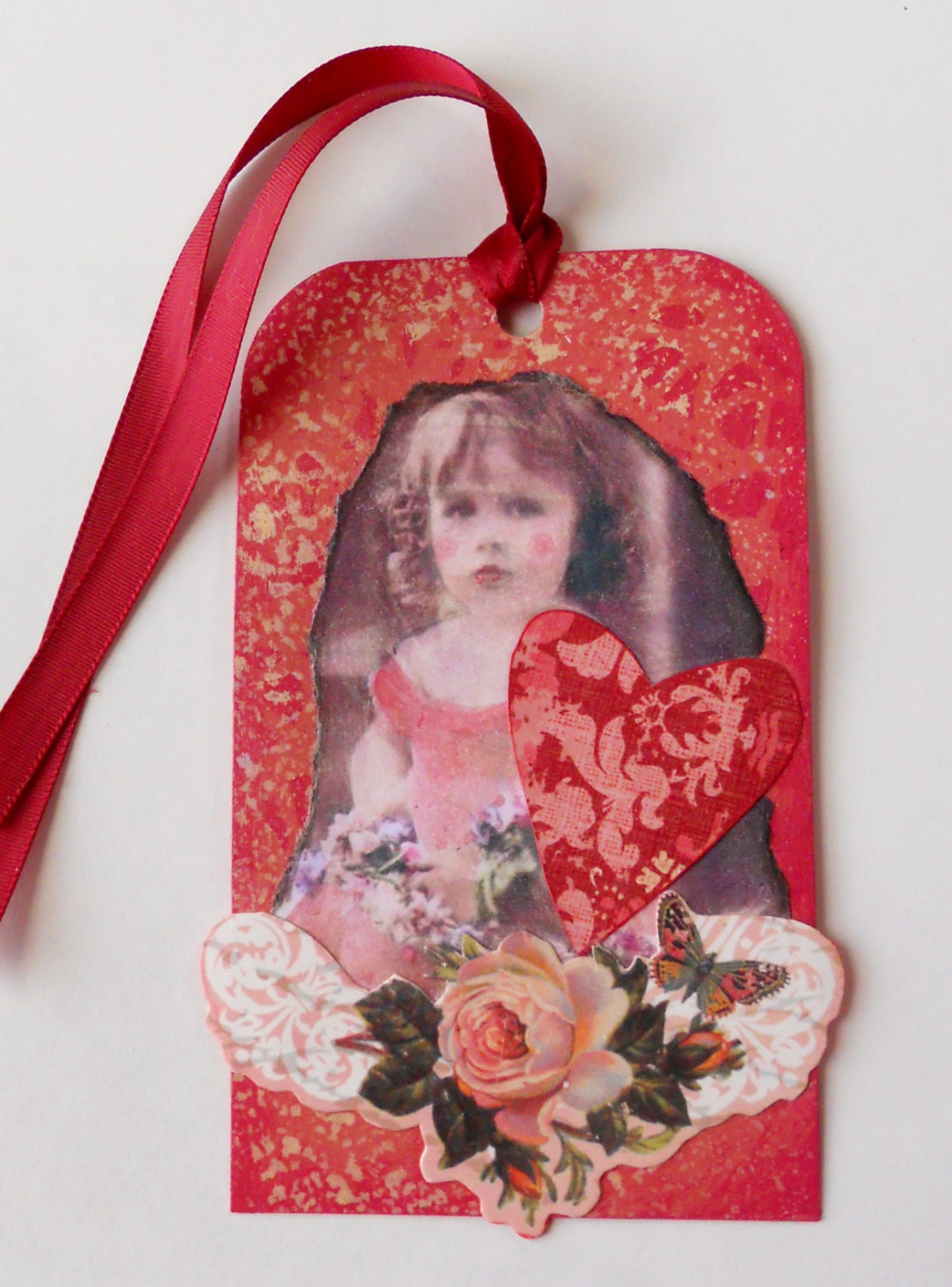 Sweet Vintage Little Girl - Love - Handmade Tag or Bookmark - Mixed Media Paper Collage - 3 x 5 inches