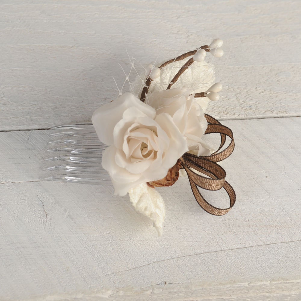 Ivory Wedding Headpiece, Wedding Hair Accessory, Floral Fascinator, Bridal Hair Comb, Woodland Rustic Hair Piece, VelvetTeacup