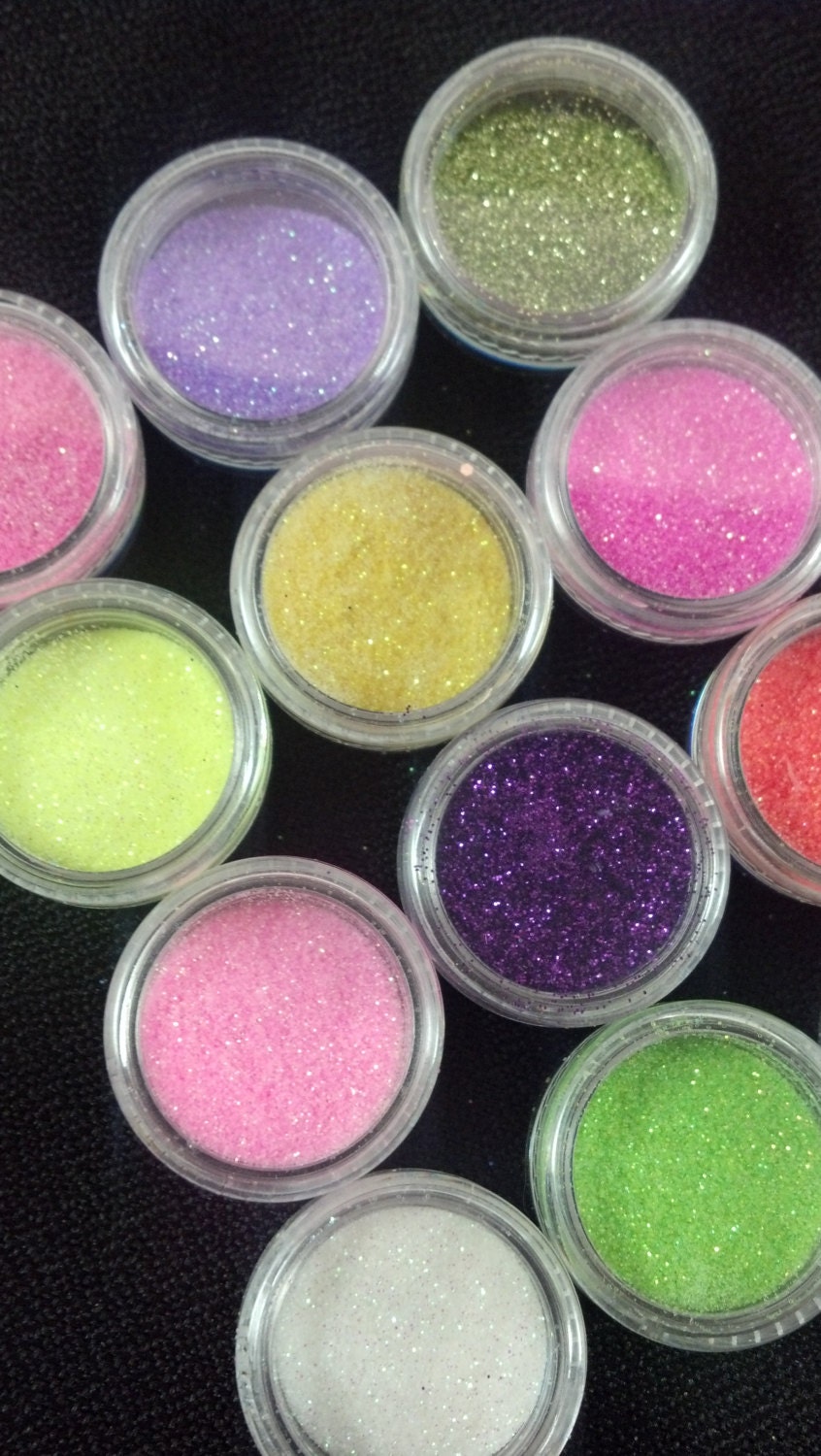 Nail Art Glitter Supply / set of 12 / fine glitter powder / Spring shades of pink purple orange yellow blue green