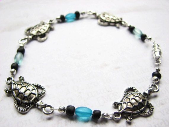 Beaded Sea Turtle Anklet ,Silver Aqua Blue Ankle Bracelet, Summer Beach Jewelry