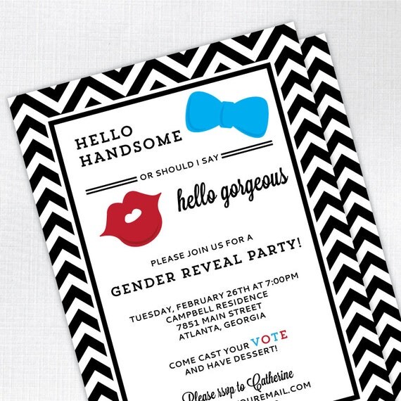 Handsome / Gorgeous Gender Reveal Party Baby Shower Invitation - PRINTED - Printable file also available Il_570xn