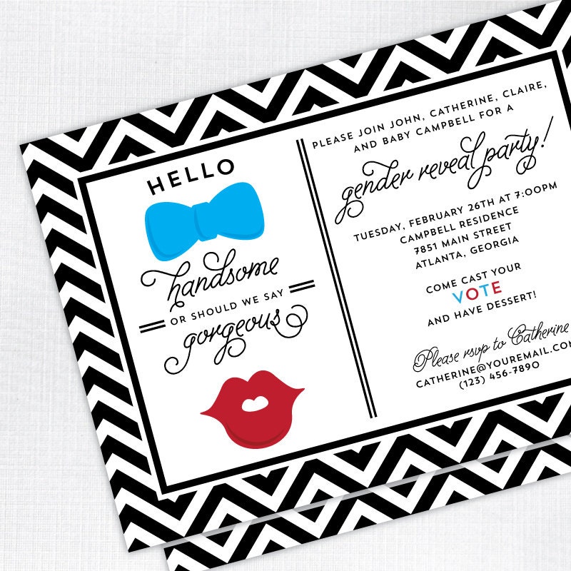 Handsome / Gorgeous Gender Reveal Party Baby Shower Invitation - PRINTED - Printable file also available Il_570xn