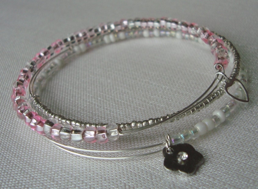 Expandable Bangle Set - Pink, White and Silver Charm Bracelet Set - 3 pcs - Heart and Flower - Alex and Ani Inspired