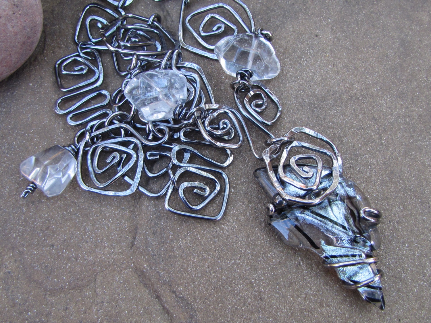 sterling silver statement chain necklace bolder crystal fused glass Dark patina Gun metal - Black out