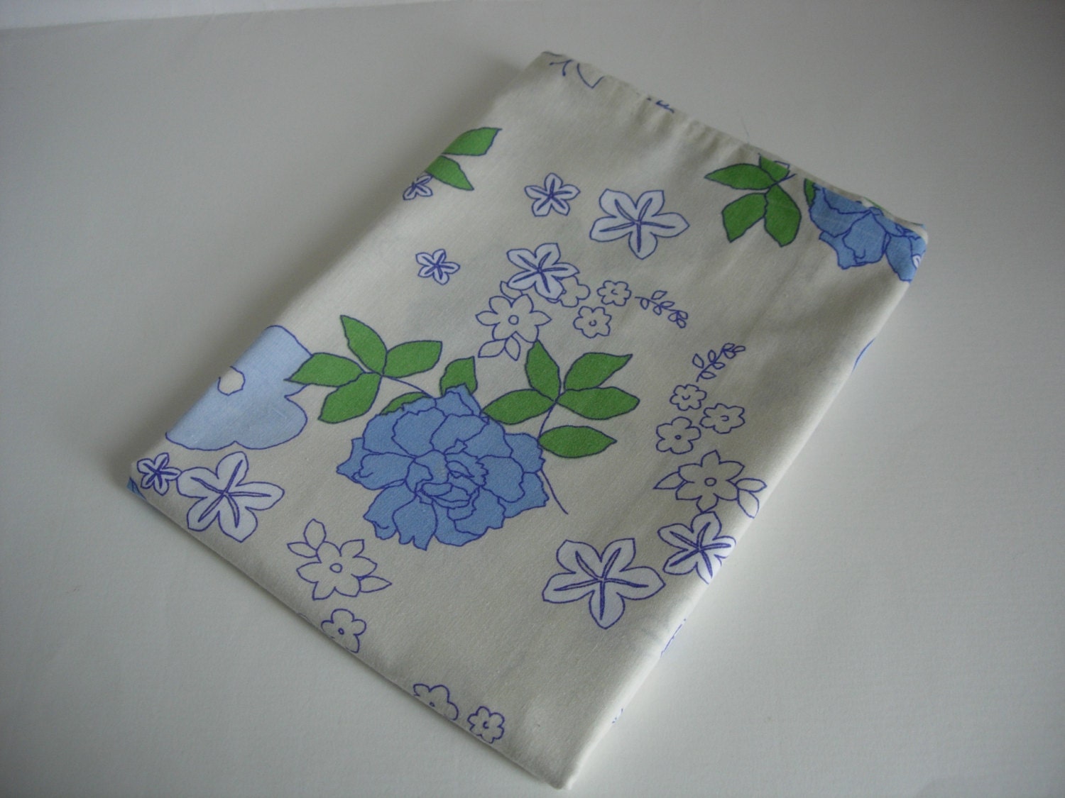 Retro Floral Blue Flowers Pillowcase 1970s Blue Green and Cream