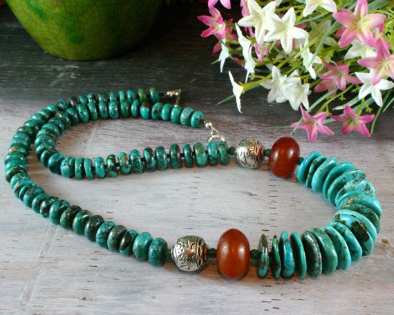 Turquoise Necklace - Chunky Beaded - African Amber - American Turquoise - Ethnic Jewelry - Statement Necklace - Beadwork - Ancient Jewelry