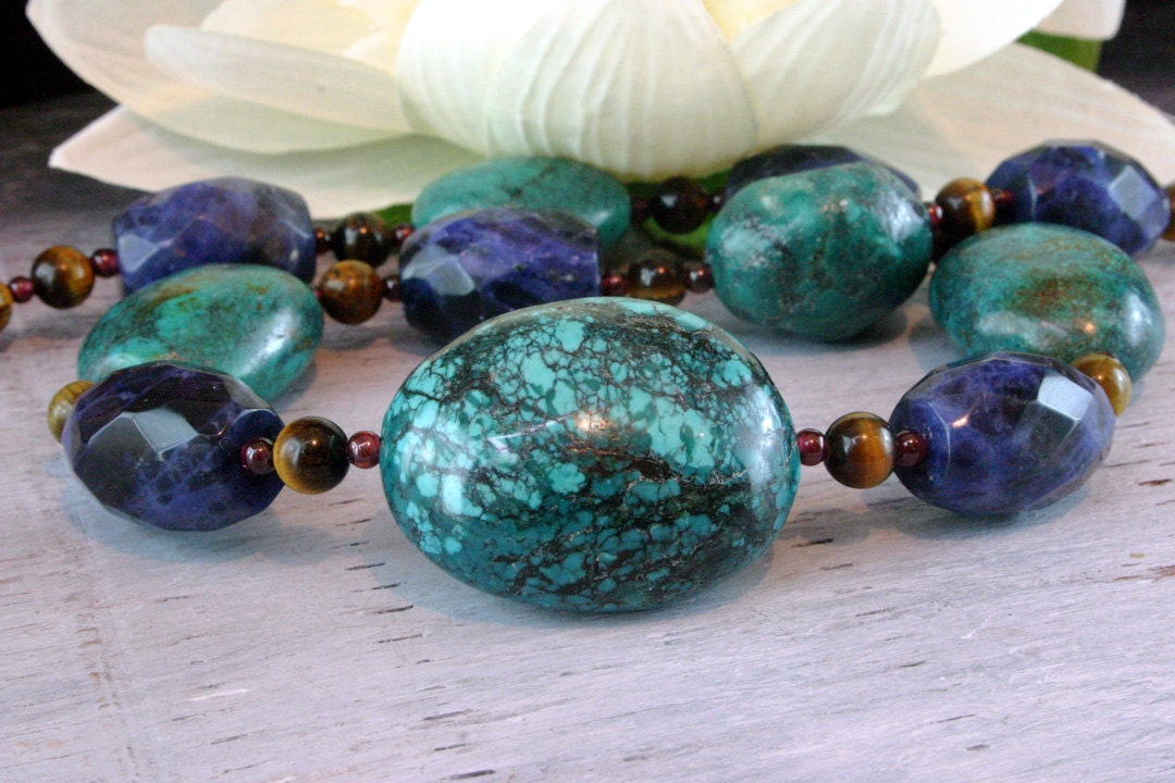 Turquoise Necklace - Ethnic Jewelry - Chunky Beaded Necklace - Statement Necklace - Beadwork - Ancient Jewelry