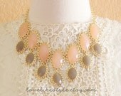 Peach and Mushroom Stone and Gold Lace Edge Statement Necklace , Bib Necklace, Peach Necklace