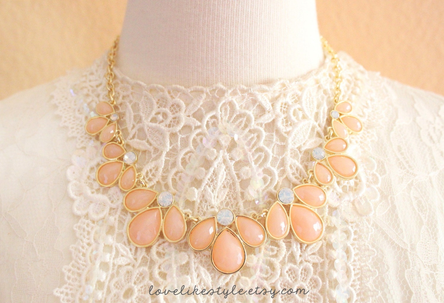 Peach Tear Drop with Frosted Clear Rhinetone Gold Chain Statement Necklace , Bib Necklace, Bridal Necklace, Bridesmaid Necklace
