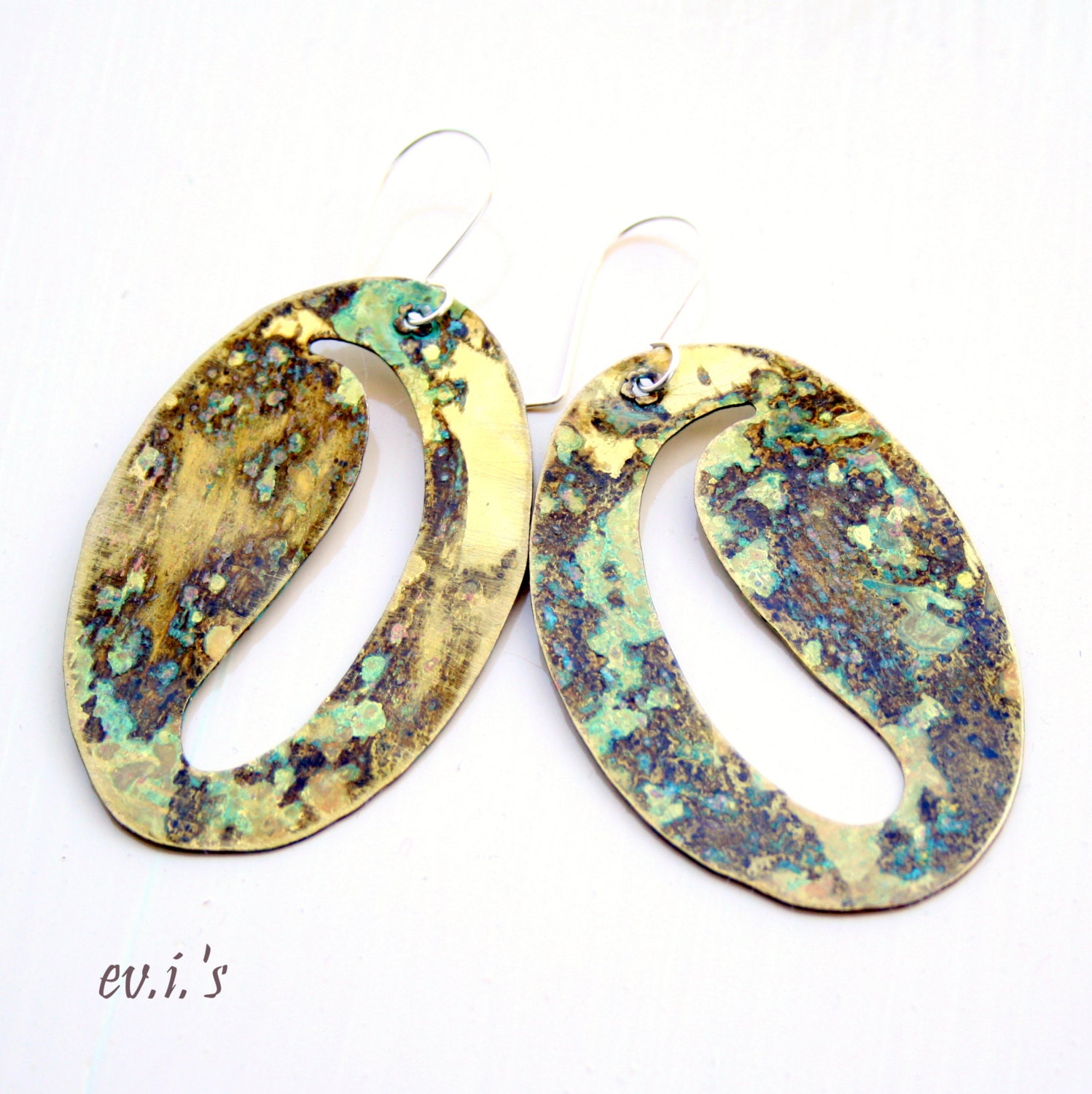 Green Patina Brass Oval Paisley Cut out Handcrafted Eco Friendly Oxidized Metalwork Artisan Boho Dangle Earrings Gift for Her.Free Shipping