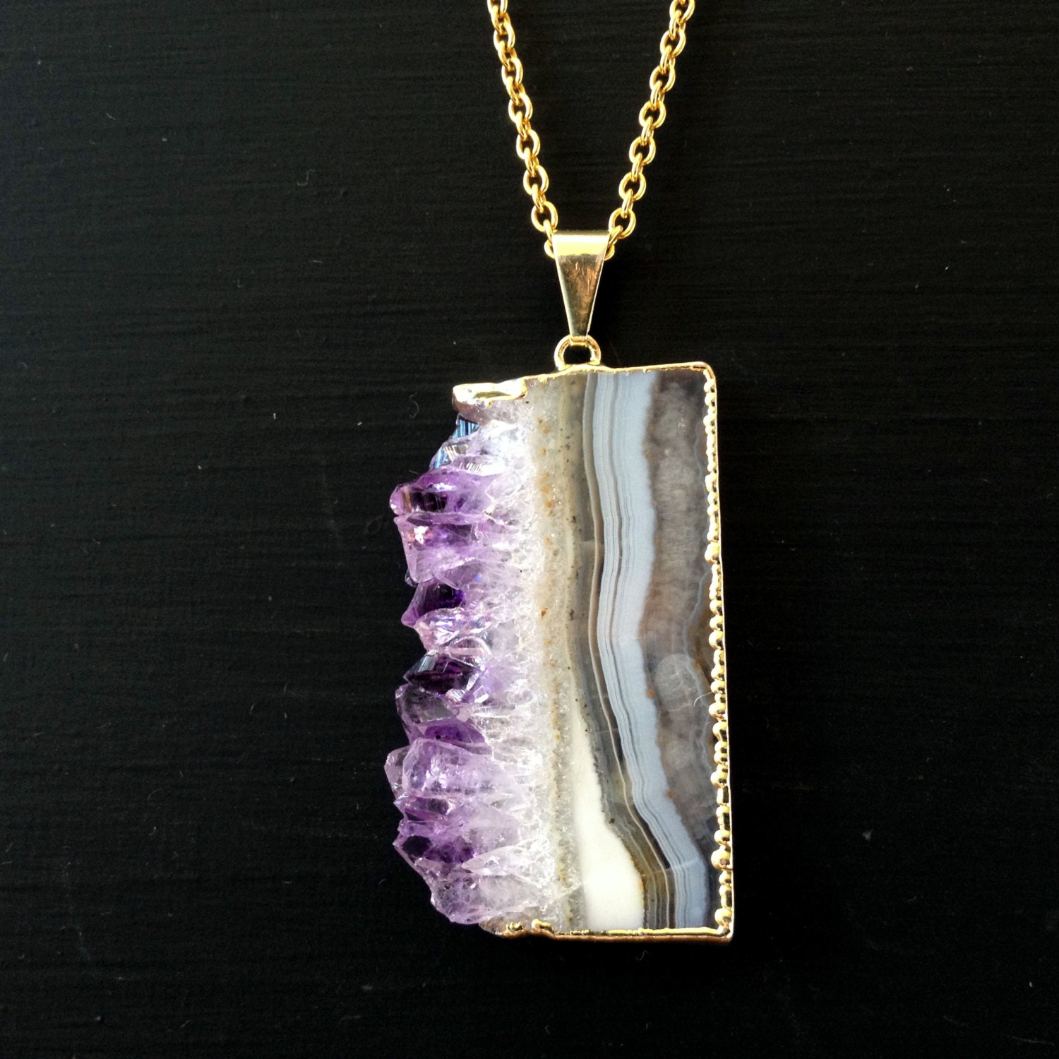 Gold Amethyst Necklace, Raw Amethyst Druzy Crystal Necklace,