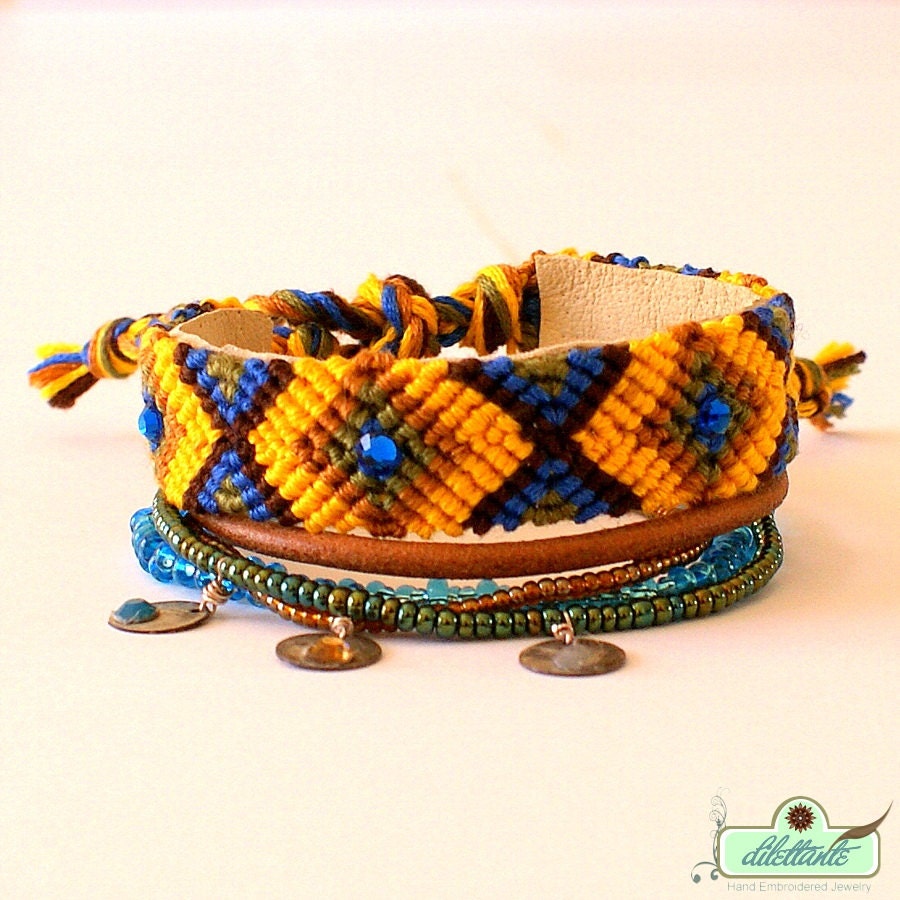 Bohemian hippie gypsy bracelet - multiple rows in blue and khaki green turquoise with Swarovski friendship bracelet - sterling silver and Sw