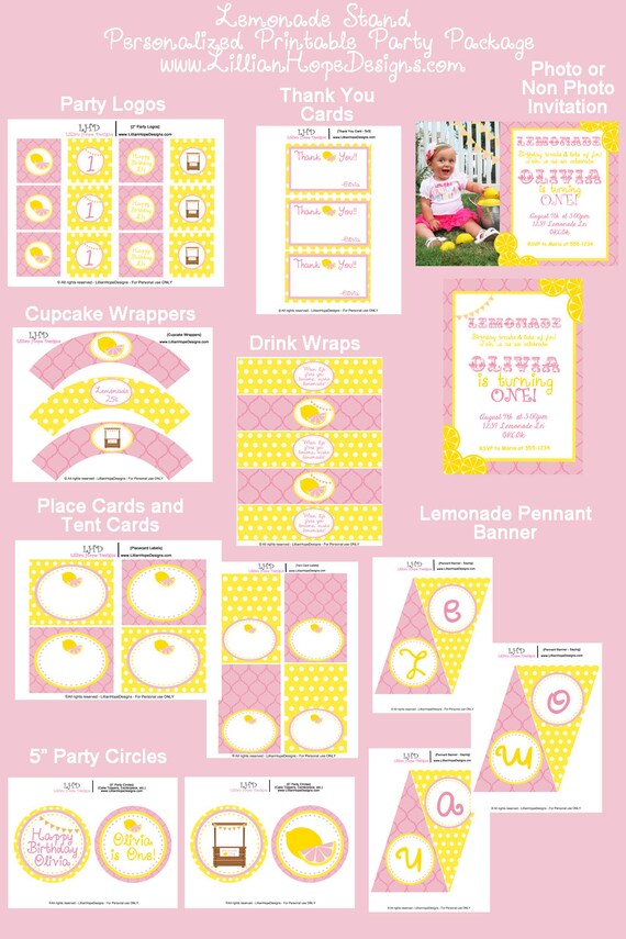 Lemonade Birthday Party - Pink Lemonade Birthday - PRINTABLE Personalized Party Package - With Photo Invitaiton - Il_570xn