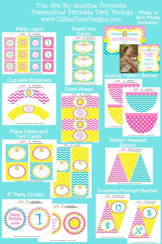 You Are My Sunshine Birthday Party - Turquoise - PRINTABLE Personalized Party Package - With Photo Invitation - Chevron Il_570xn