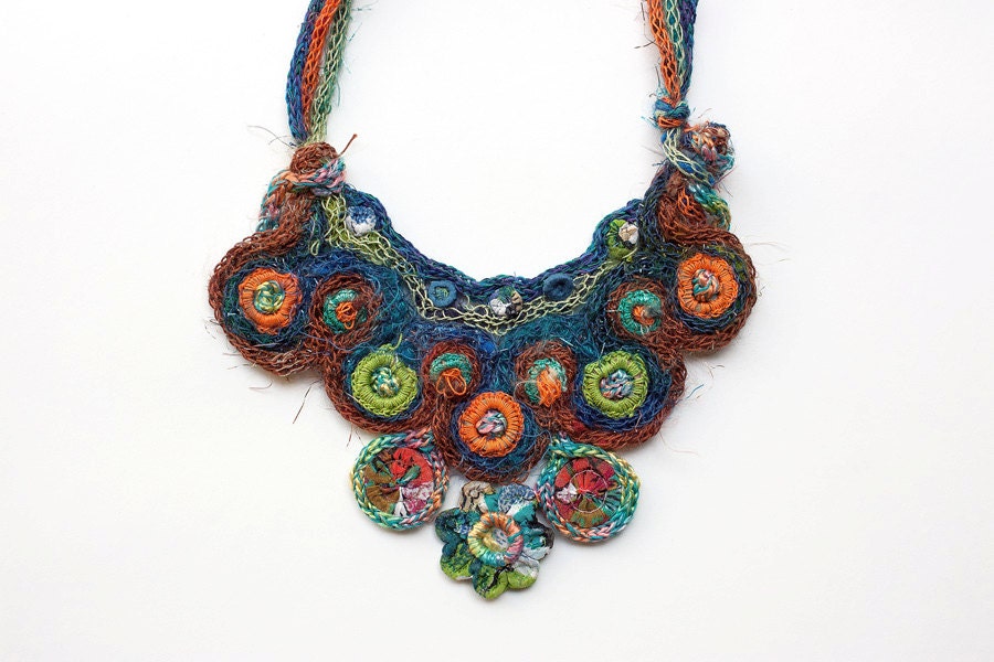 Statement bib necklace, knitted with bamboo and textile beads, multicolor, OOAK